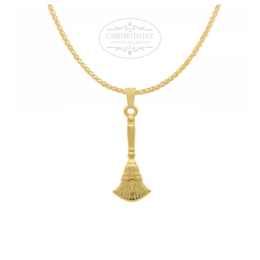 Kit Pingente Vassoura Banhado a Ouro 18k Umbanda Candomblé + Corrente 60cm