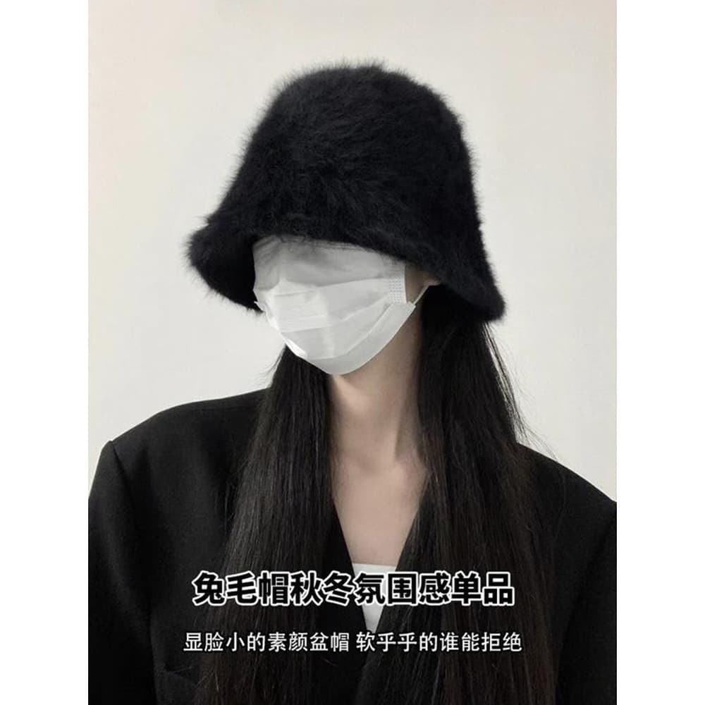 Mostrando rosto pequeno peludo balde chapéu feminino outono inverno All-Match quente grande cabeça bacia chapéu branco r