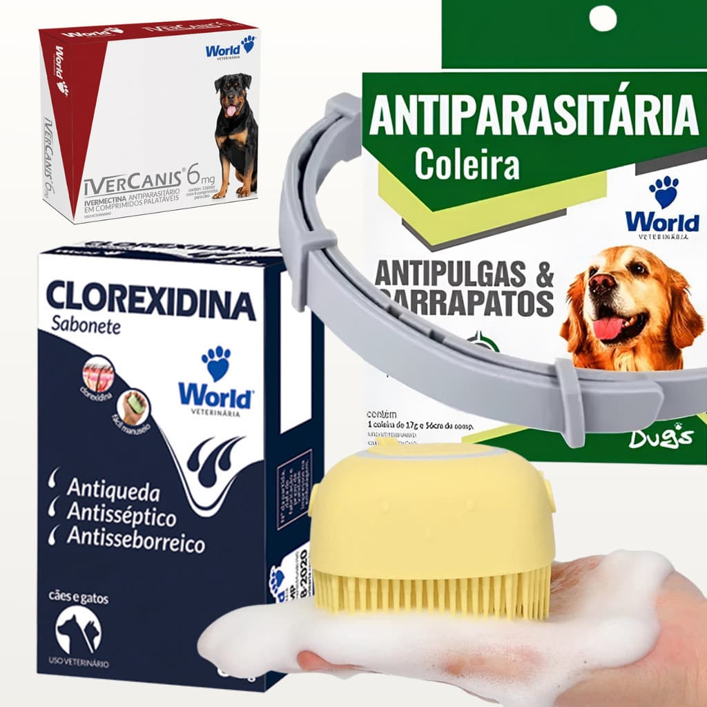 Kit Sabonete Clorexidina Dermatite + Coleira Anticarrapato Antipulga + Ivercanis + Esponja