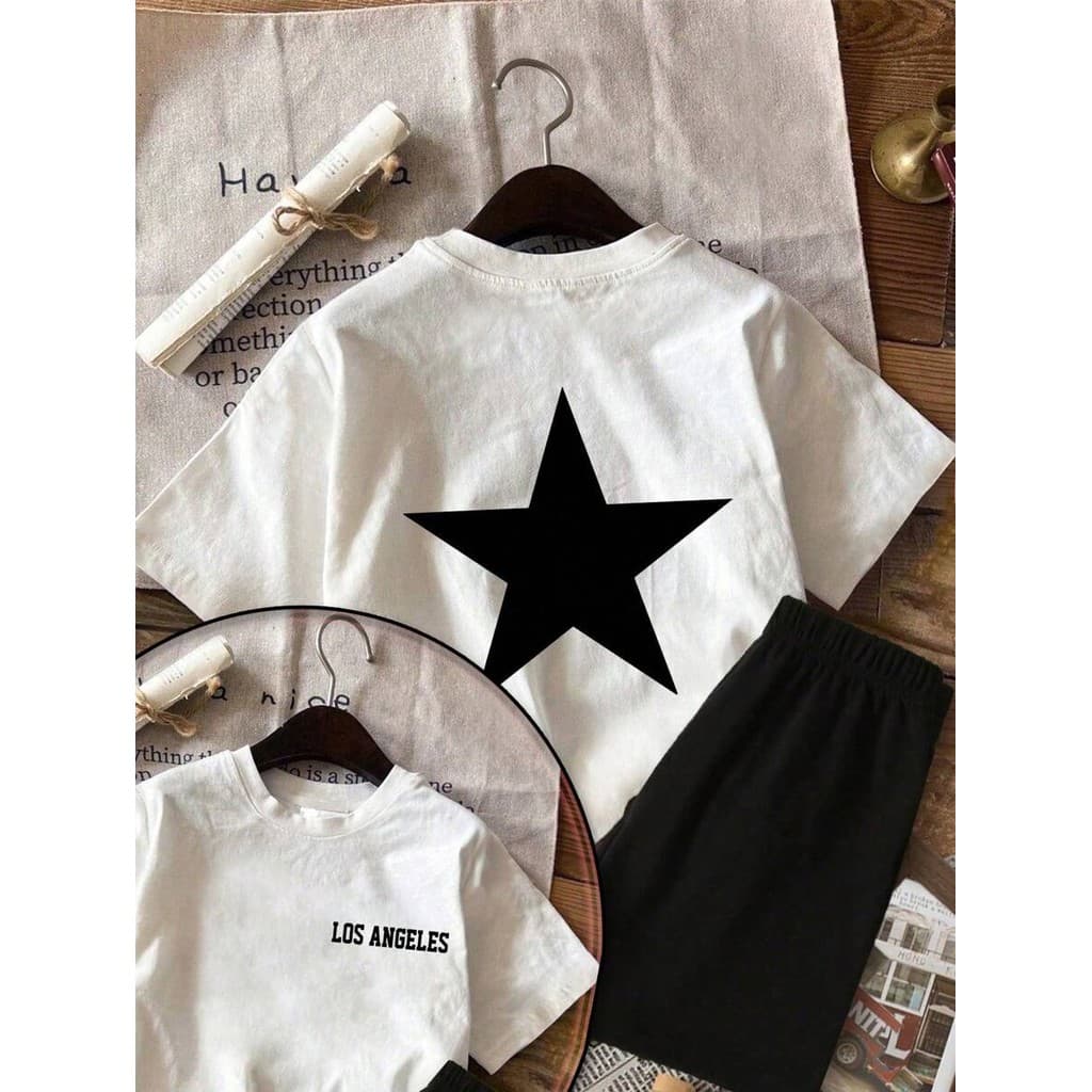 Camiseta Infantil Feminina Verão T-Shirt Branco Camiseta  Estampado  Estrelas Moda Casual Infanto-juvenil