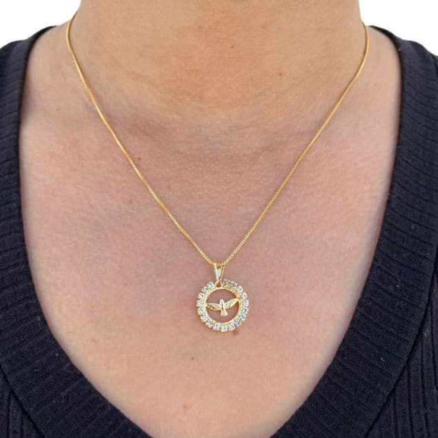 Colar Feminino Coração Divino Espirito Santo Folheado a Ouro Strass