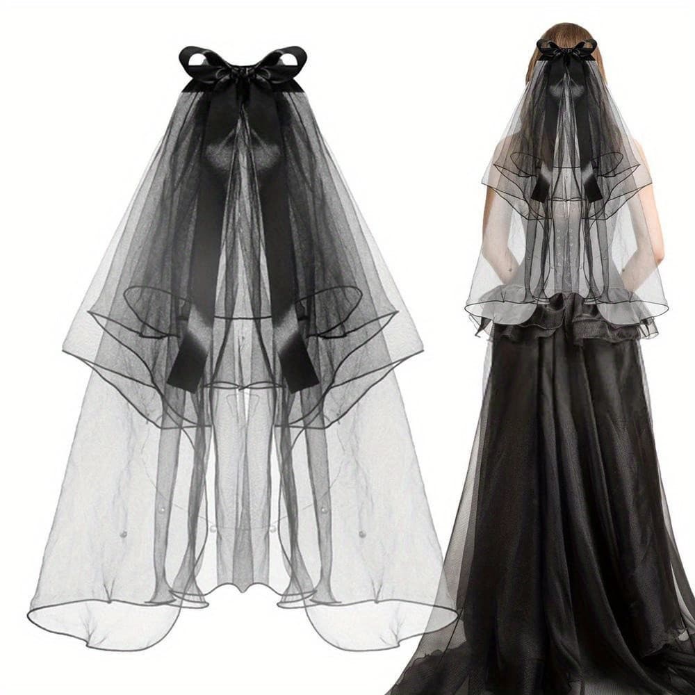 Véus De 2 Camadas Para Noivas , Véu Curto De Tule Preto Em Com Laço , Casamento , Halloween , Cosplay , Festa