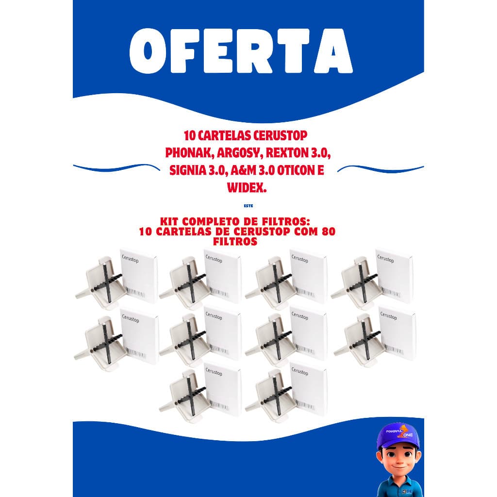 10 Cartelas Cerustop 80 filtros para PHONAK, ARGOSY, REXTON 3.0, SIGNIA 3.0, A&M 3.0 OTICON E WIDEX.