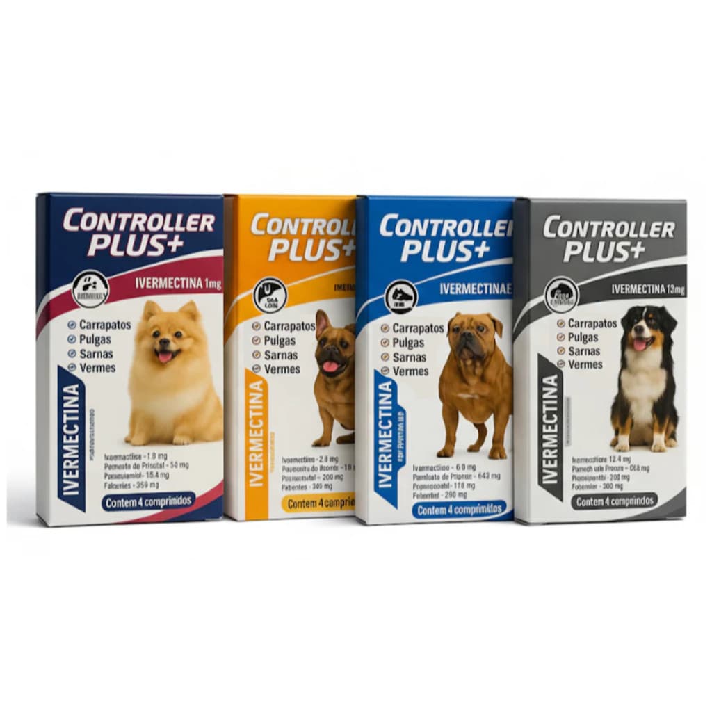 Controller Plus - Remédio Anti Pulgas, Carrapatos, Vermes e Sarnas - 12 comprimidos para todos os potes cães e gatos.
