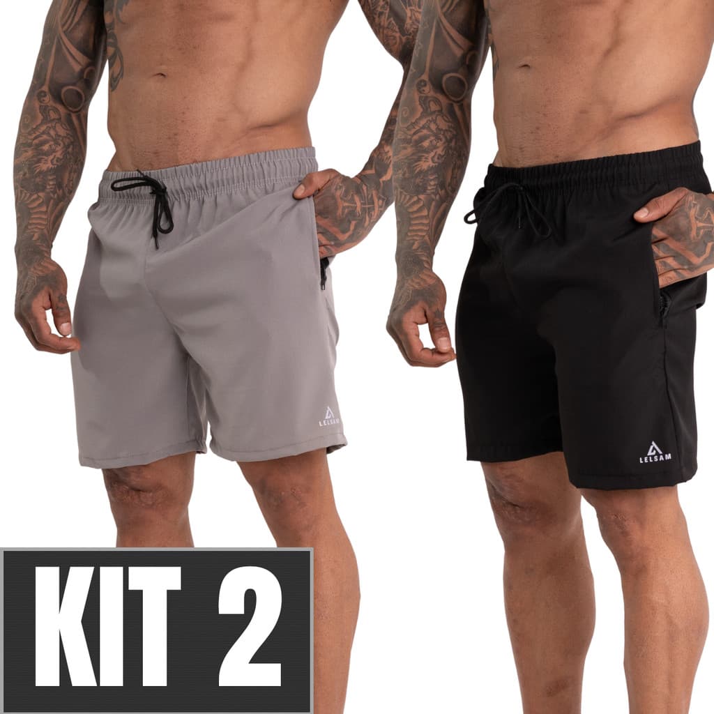 Kit 2 Bermuda Tactel Masculina Academia Bolso Zíper Cordão