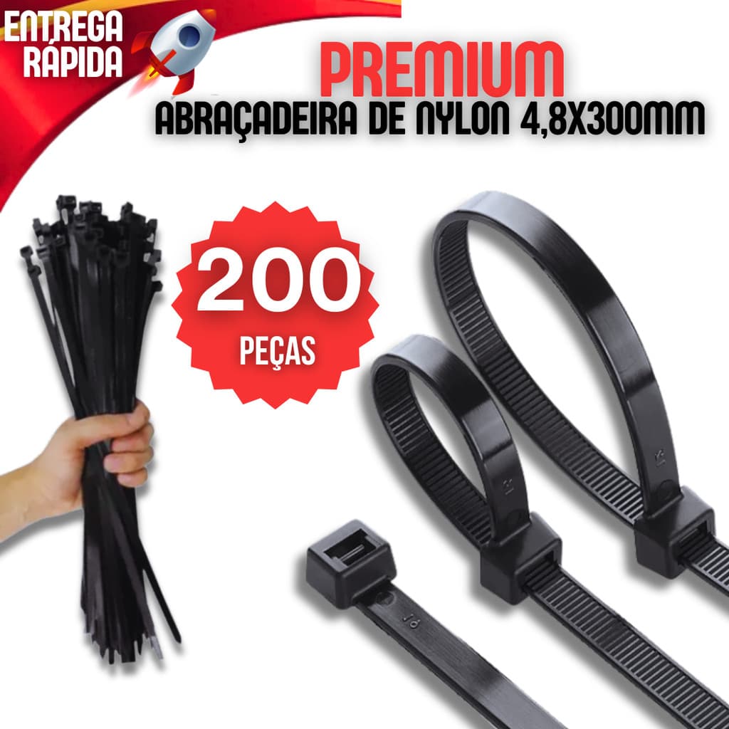 Kit 200 Abraçadeira de Nylon Braçadeira Cintas Plásticas Enforca Gato Branca Preta