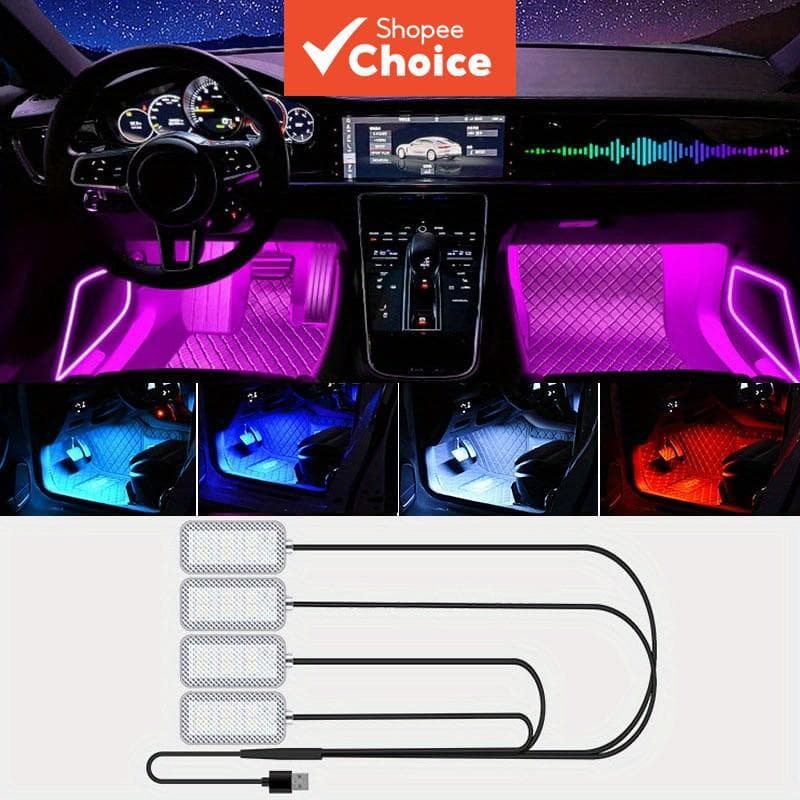 1 Drage 4 LED Luz Ambiente Monocromática para Carro, Luzes de Piso Automáticas, Lâmpada USB para Pé