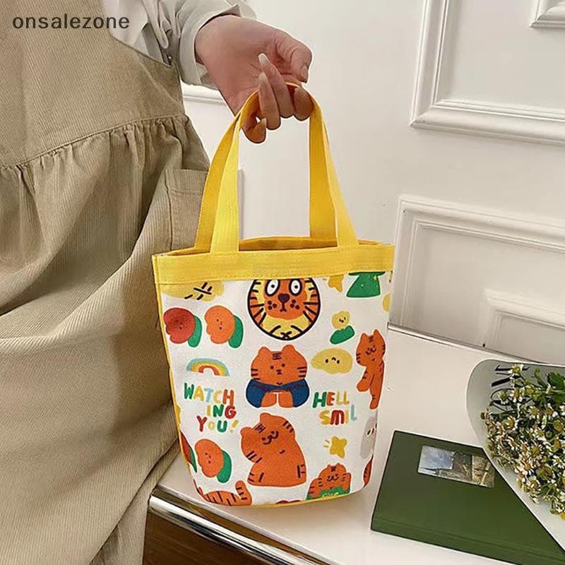 OZTH Portátil Bonito Animal Padrão Graffiti Balde Saco Ins Impresso Cilíndrico De Lona Bento Lancheira Variar