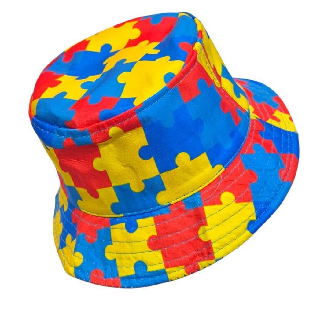 Kit Infantil Autismo 2 Peças Boné + Chapéu Bucket Quebra Cabeça Colorido Ajustável Unissex