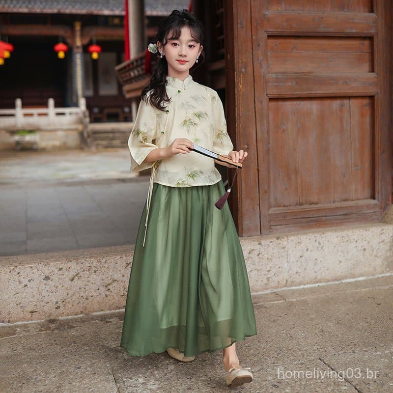 Conjunto de Estilo Antigo para Meninas, Nova Coleção de Verão 2025, Conjunto de Duas Peças Hanfu Estilo Chinês com Saia