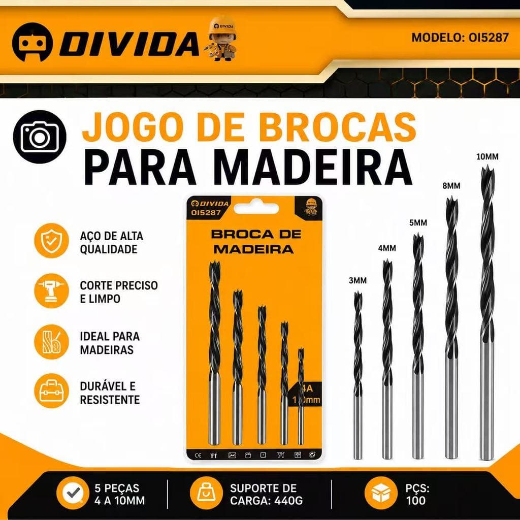 Jogo Brocas Para Madeira 5 Peças 4-10mm Aço Carbono Alta Precisão Furadeira Profissional