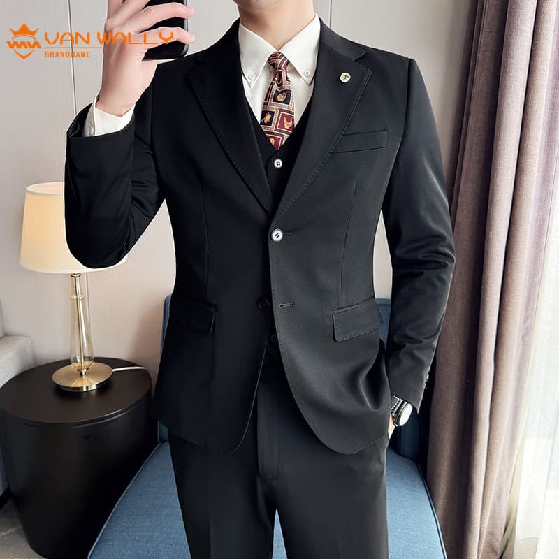 Terno masculino de qualidade lã misturada gola plana fileira única dois botões terno de negócios vestido de noivo de dua