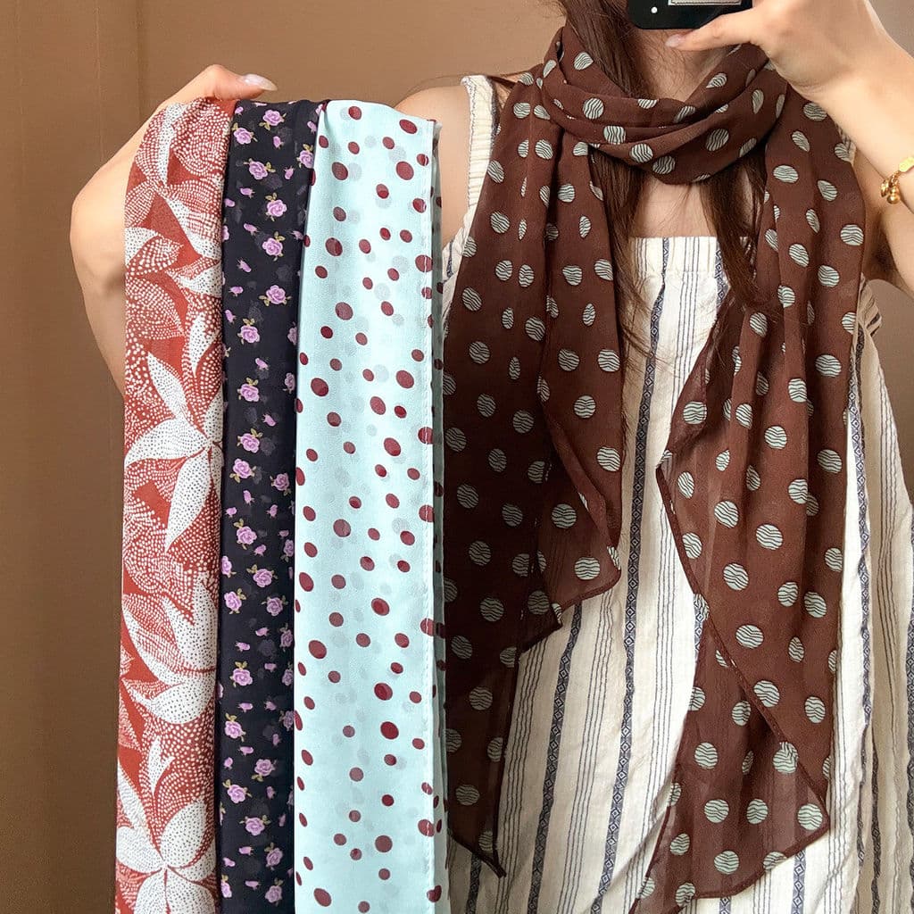 Floral bolinhas longo listrado lenço de seda gravata pescoço feminino 2026 novo estilo estilo fino estilo coreano High-E