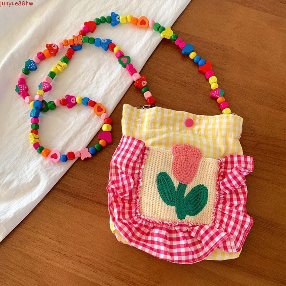 JUNYUE Bolsa Feminina De Crochê , De Malha À Mão Com Contas Coloridas Xadrez Ombro Único Feita Flor Tulipa