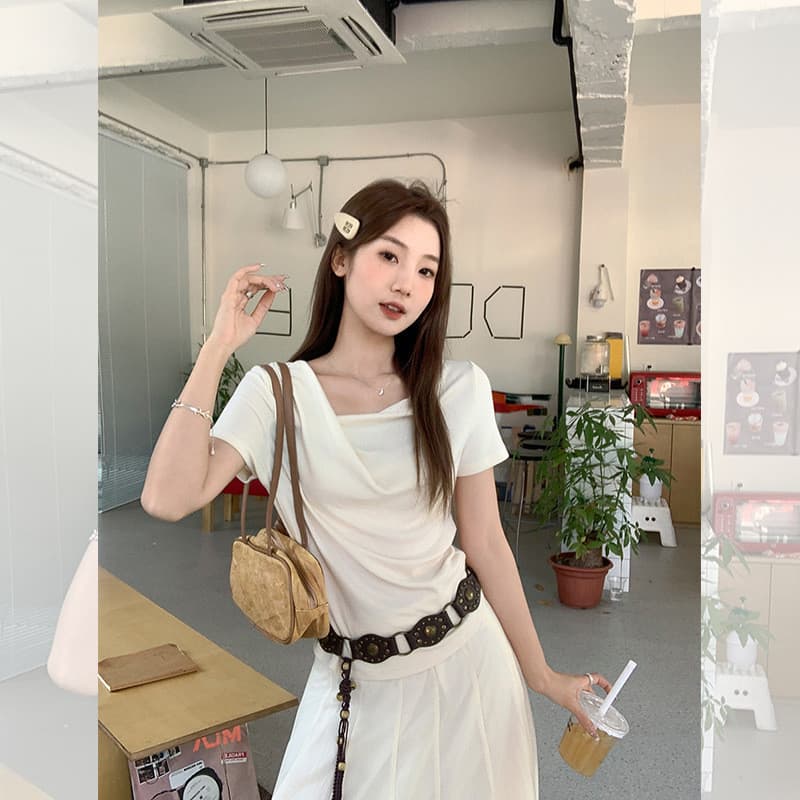 Top de gola giratória francesa feminino verão novo estilo creme suave arroz gola quadrada gola oscilante camiseta de man