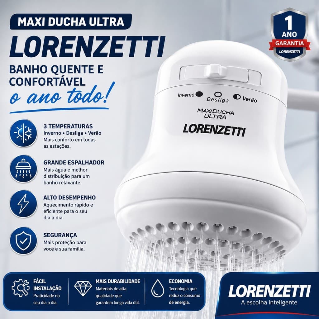 Chuveiro Maxi Ducha Ultra Lorenzetti 127V 5500W 3 Temperaturas Banho Quente Econômico