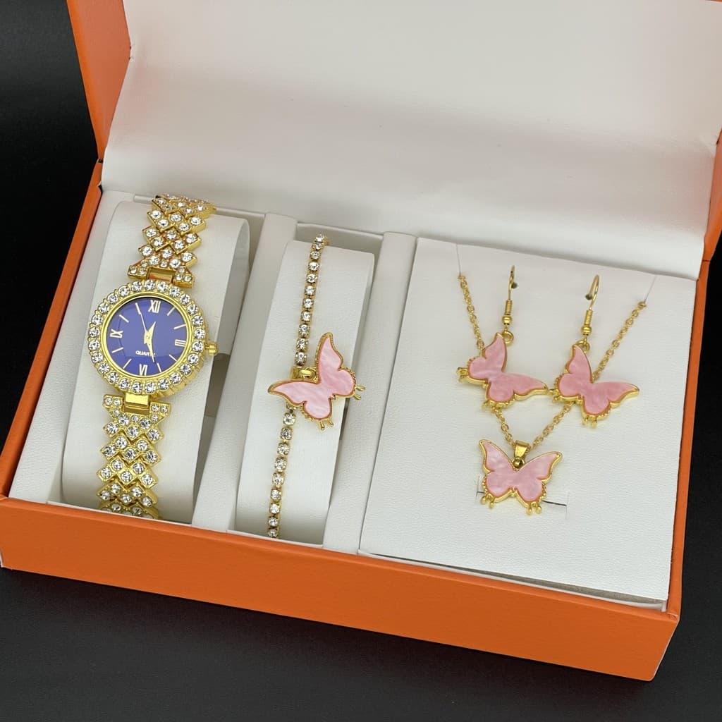 Conjunto de relógios femininos elegantes, relógio de quartzo com acessórios e conjunto de pulseiras.
