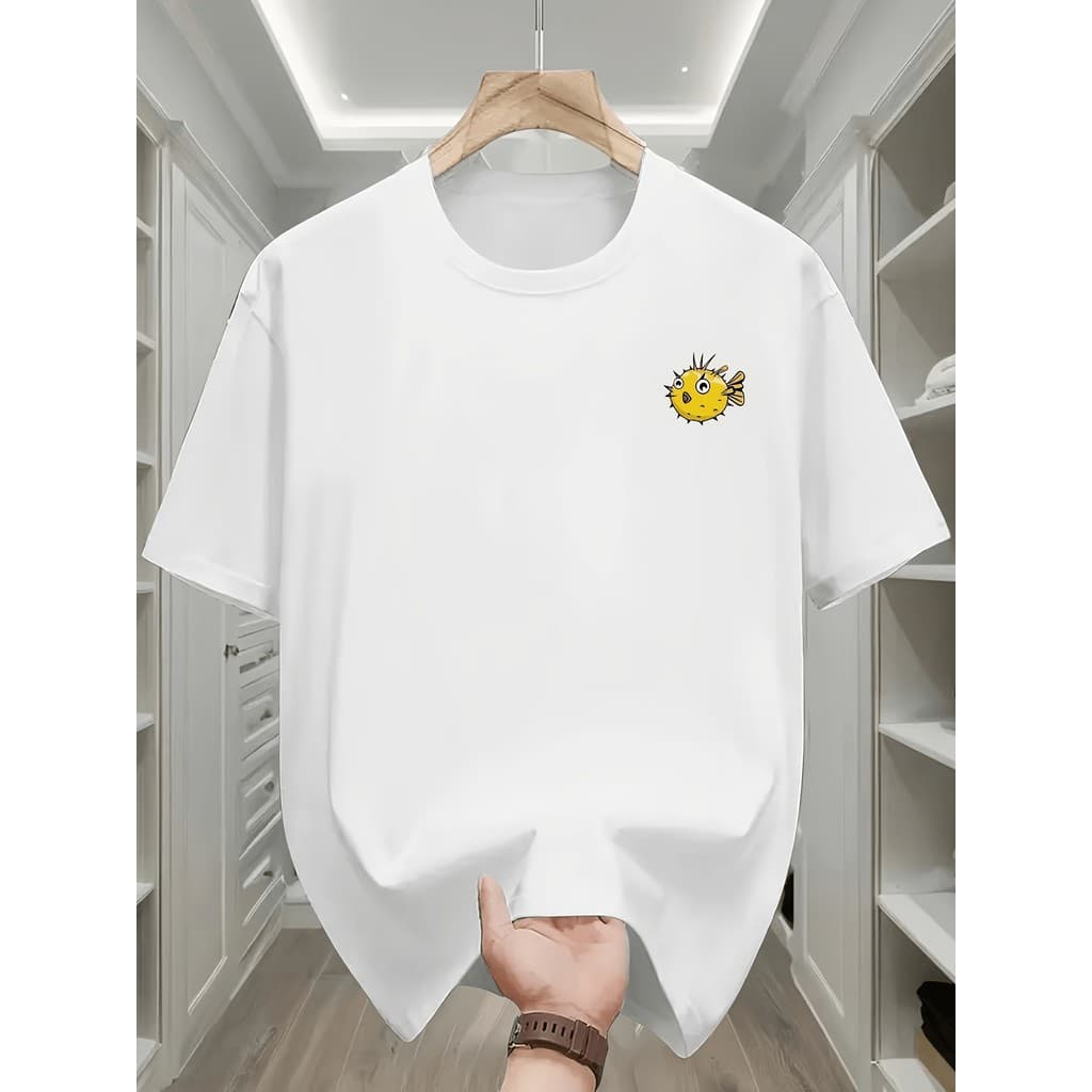 Camiseta T-shirt com Estampado de Peixe-lua de Desenho Animado, Top Unisex 100% Algodão