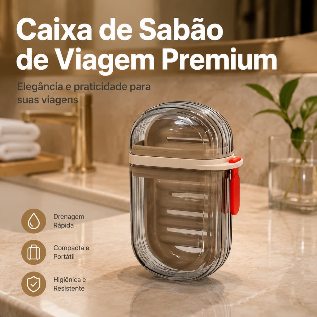 Porta Sabonete Portátil para Viagem com Tampa Hermética Drenagem Interna Transparente Cinza Compacto para Banheiro