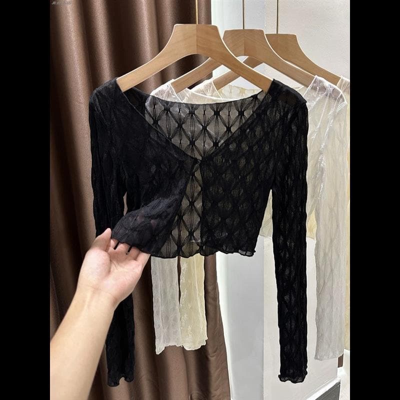 Blusa transparente de renda combinando estilingue saia de manga comprida tule Top protetor solar cardigã xale verão fino