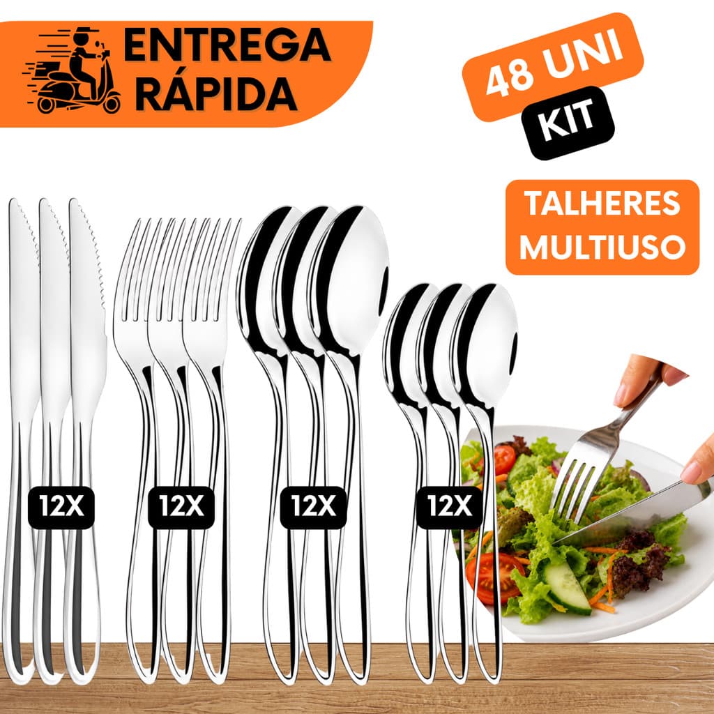 JOGO DE TALHERES GARFO FACA COLHER SOBREMESA CHA 48 PEÇAS BUFFET FAQUEIRO COMPLEMENTO VIAGEM MARMITA