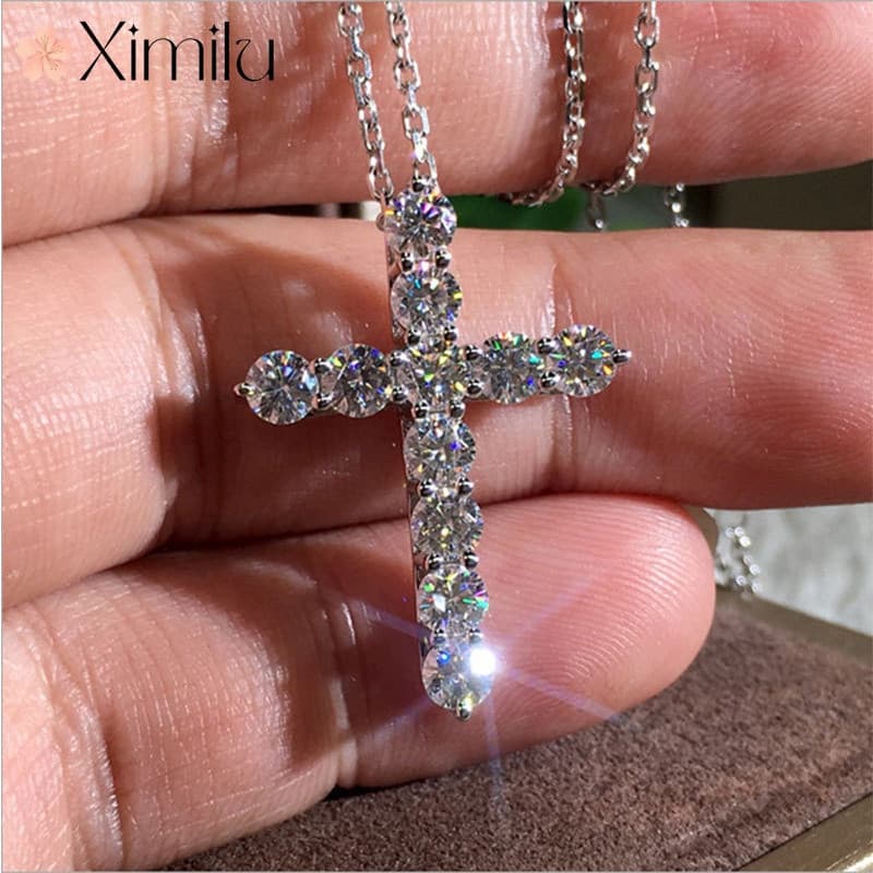 ❤ Cruz Original espumante pingente de cristal colar de prata feminino luxo Moissanite clavícula corrente dinheiro exorci