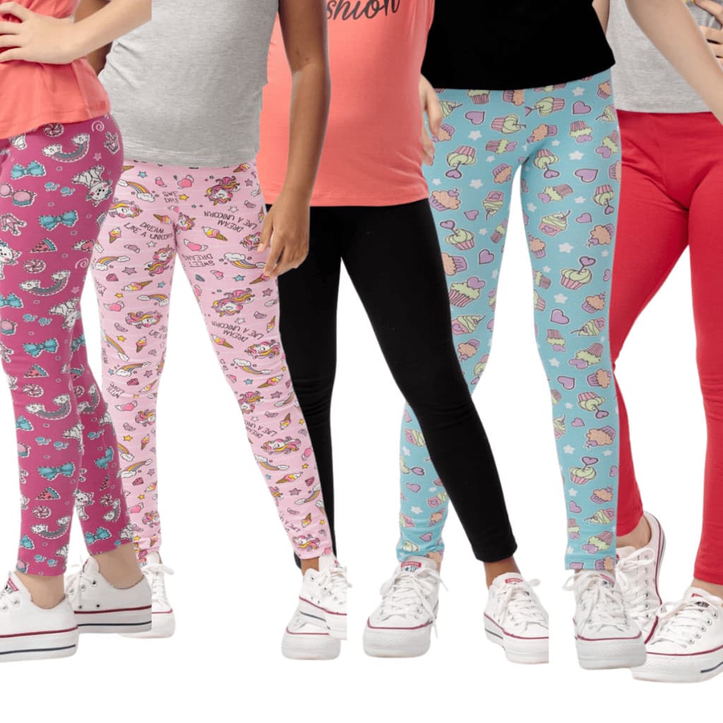 Kit Com 5 Peças Sortidas Calça Legging Infantil De Cotton Algodão Confortável Menina