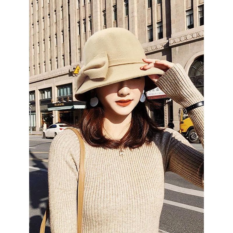 Novo estilo Street Wear chapéu superior de lã feminino outono inverno versão coreana cúpula balde chapéu influenciador A