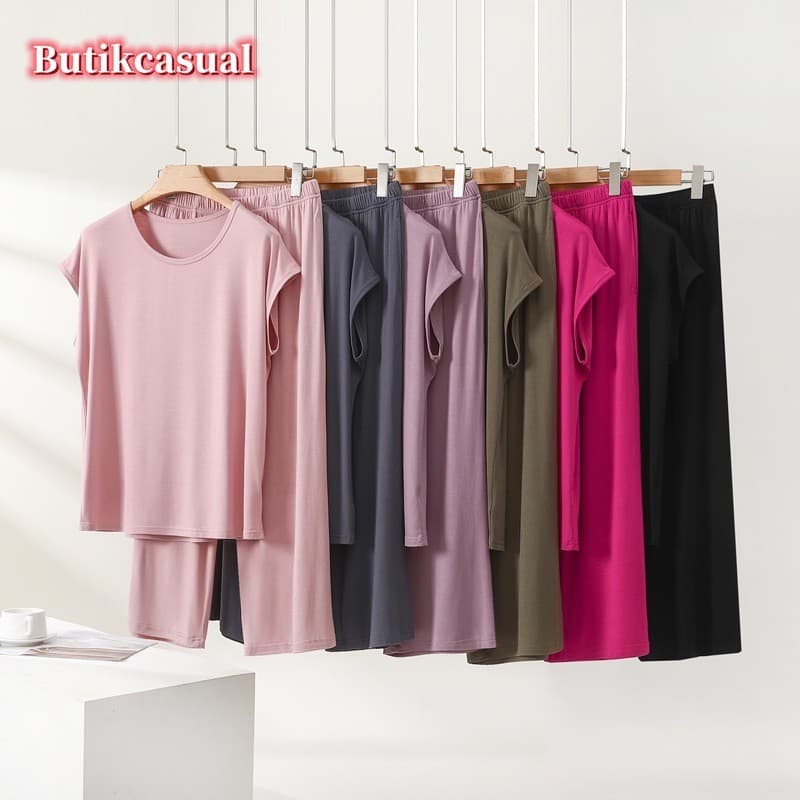 Mulheres Modal T Camisa Calças Conjunto Nova Manga Curta Camiseta De Cintura Alta De Perna Larga Terno