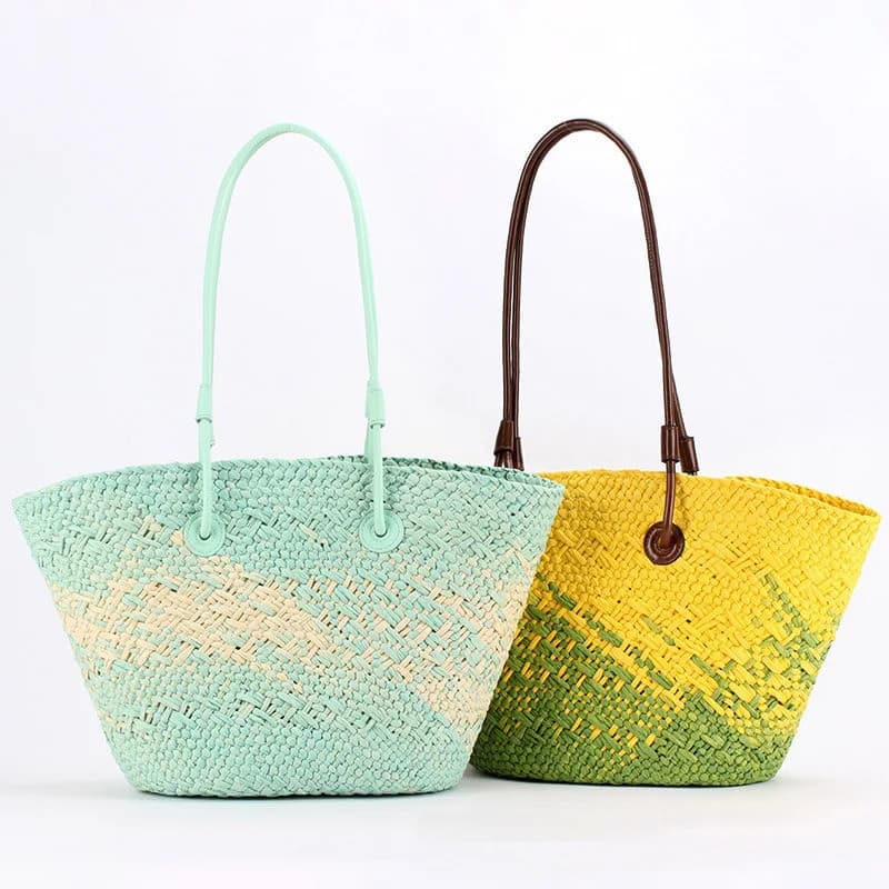 Bolsa de Ombro de Palha com Cores em Degradê, Bolsa de Viagem para Férias de Verão na Praia, Bolsa de Mão Tecida em Palh