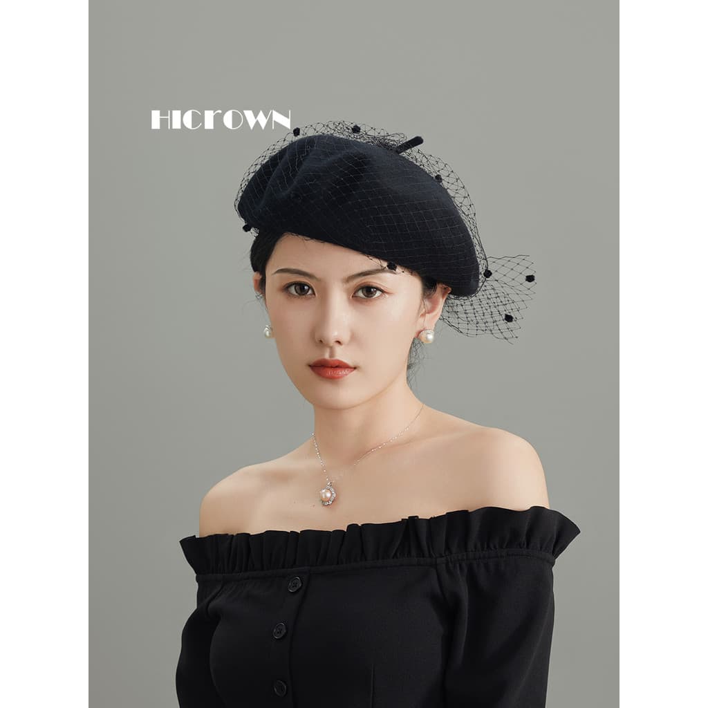 Outono inverno novo estilo boina de lã chapéu feminino ervilhas véu arco doce rosto pequeno preto francês Retro
