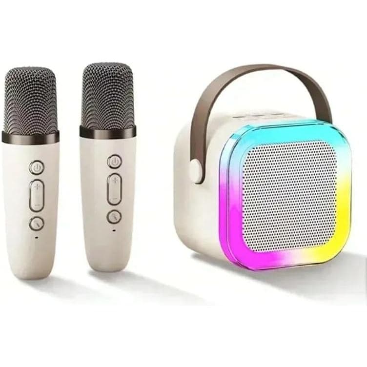 Conjunto de Caixa de Som Portátil para Karaokê com Dois Microfones Sem Fio, Luzes LED que Mudam de Cor, Bluetooth 5.0, S