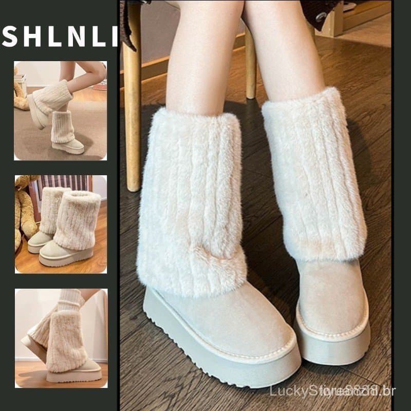 Botas de neve quentes com sola grossa no estilo coreano, adequadas para mulheres usarem no outono e inverno, feitas de m