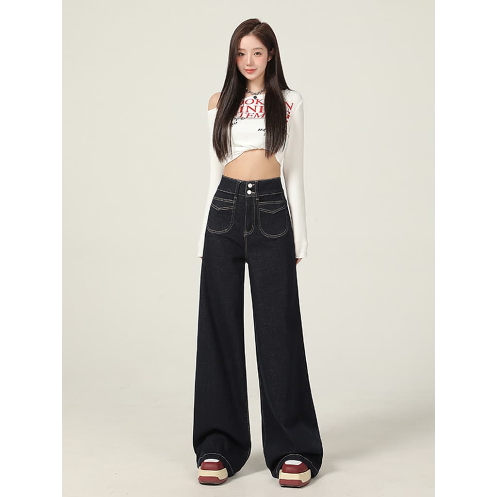 Vfvk Denim azul perna larga Jeans feminino verão 2026 novo estilo americano Retro pequeno mais magro olhar calças retas