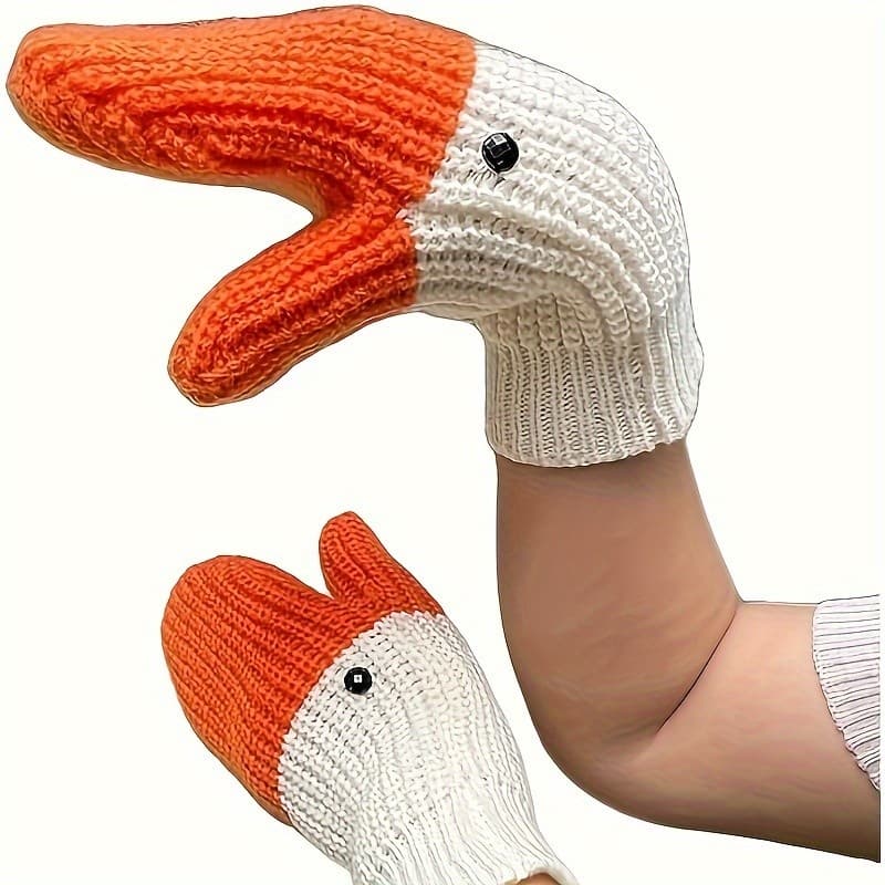 Luvas sem dedos em formato de ganso, forradas com fleece quente, divertidas, de malha, ajuste elástico, luvas em formato