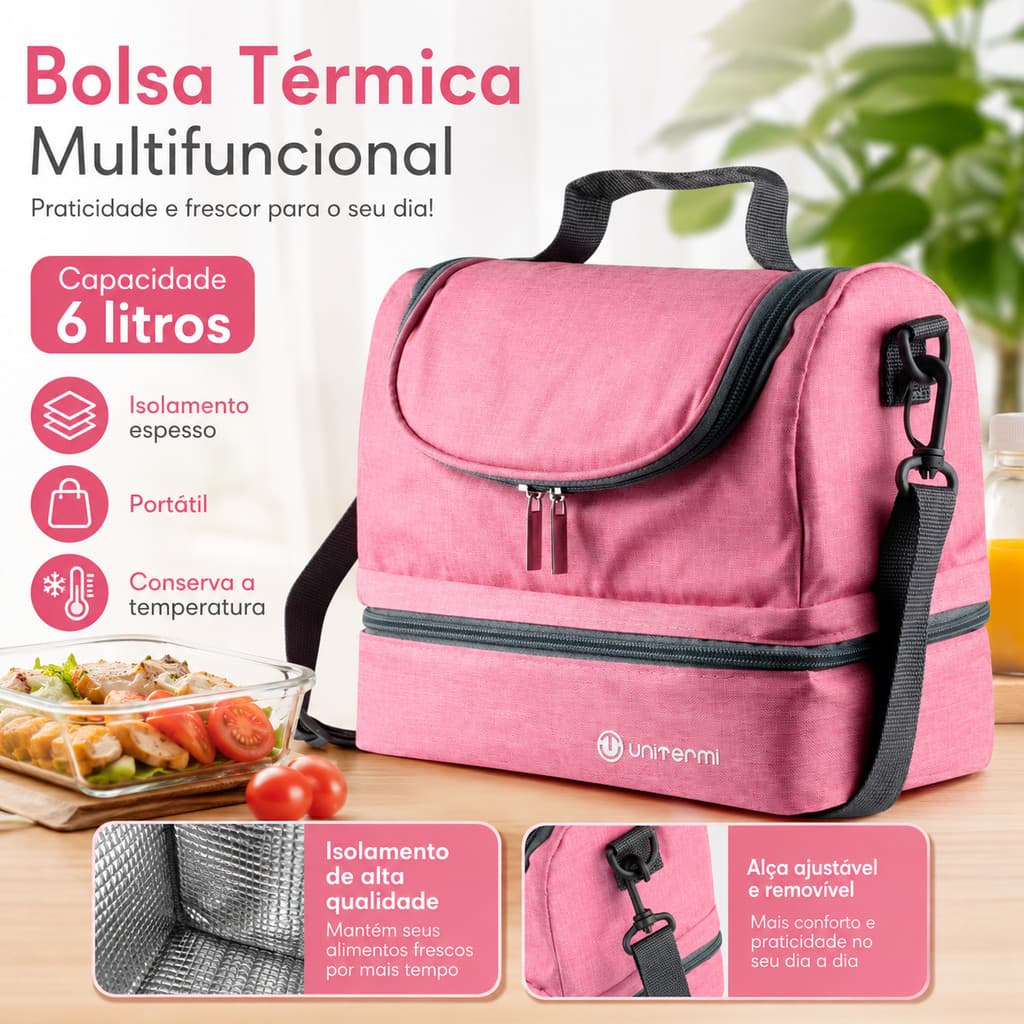 Bolsa Térmica Rosa 6 Litros Pratifit Marmita Lancheira Térmica Conserva Quente e Frio
