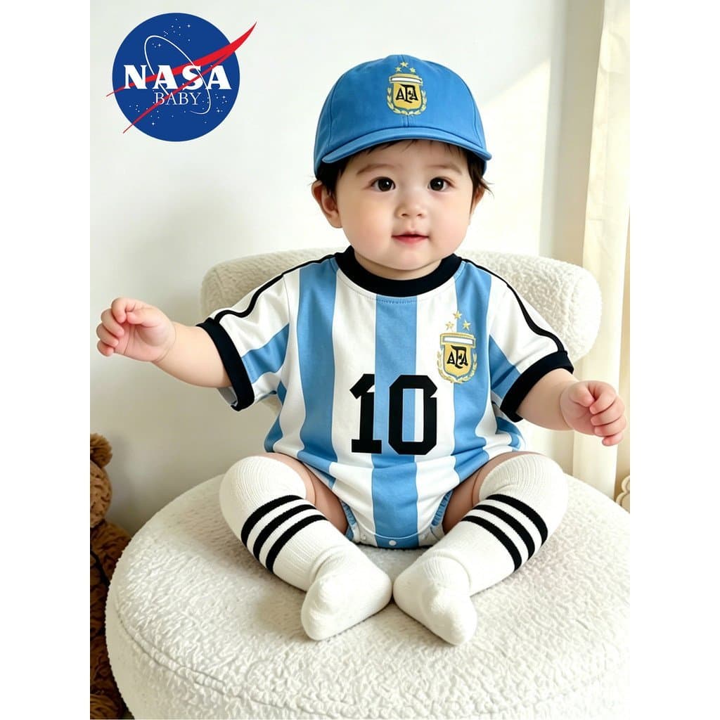 Novo Macacão de Bebê Verão 2026, Ajuste Solto, Roupa Infantil, Macacão Classe A, Camisa de Futebol Messi Argentina Copa