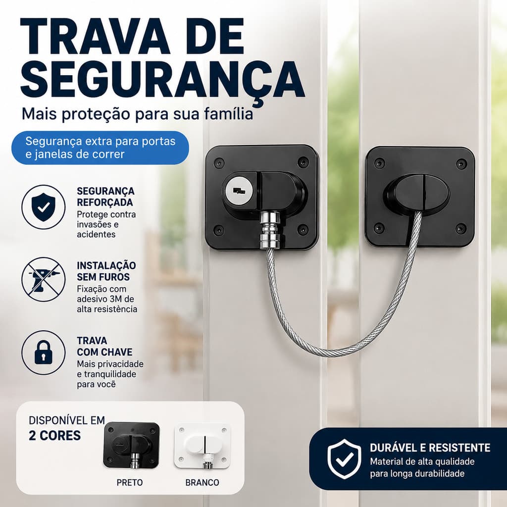 Trava Tranca de Segurança com Chave para Geladeira Freezer Porta Janela Gaveta Adesiva Sem Furar Cabo de Aço Durável