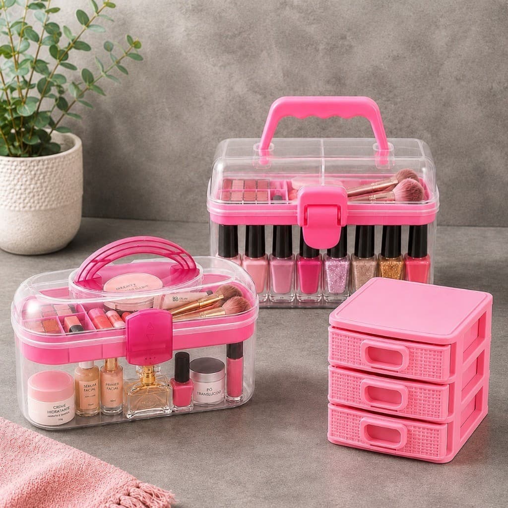 Kit Organizador Rosa Maquiagem Maleta Gaveteiro Porta Cosméticos Utilidades Femininas Esmaltes
