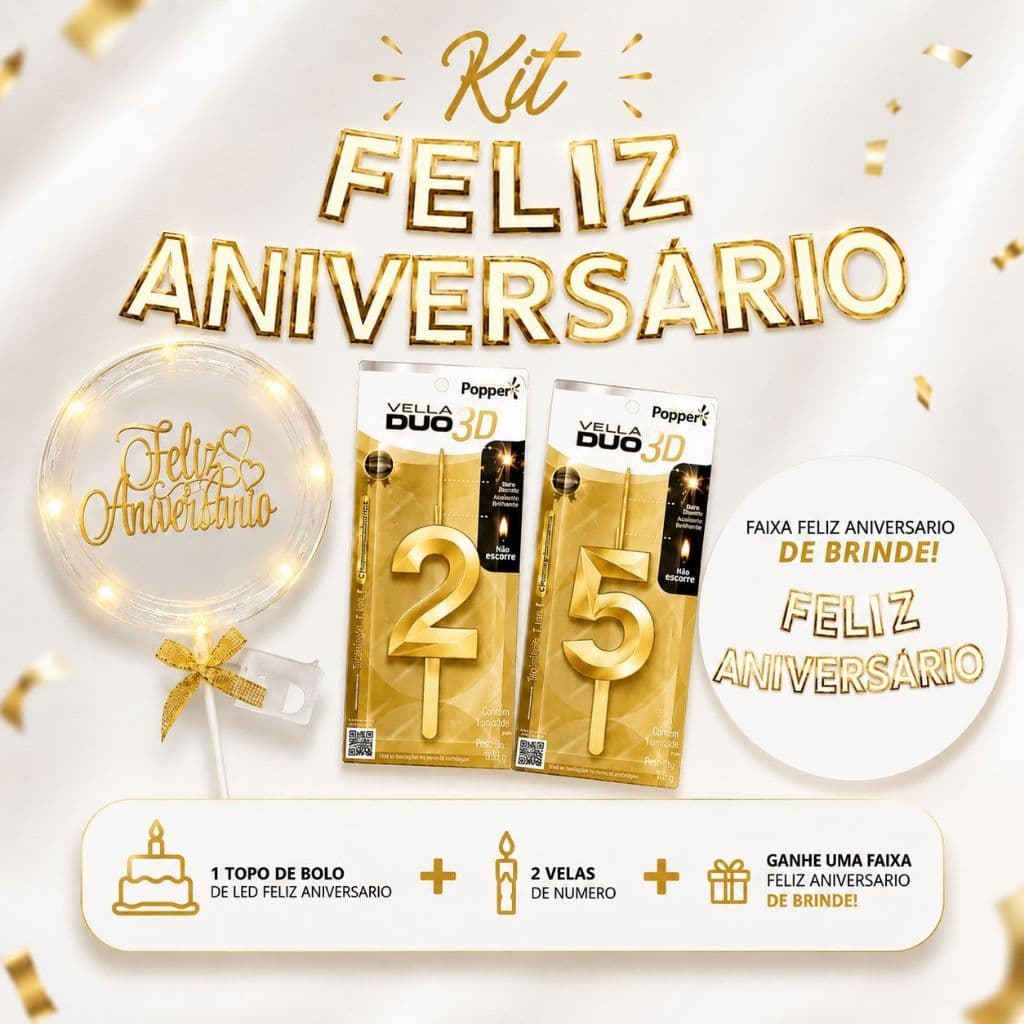 Kit Feliz Aniversario Topo de Bolo de Led+ 2 Velas 3D Numeros + 1 Faixa Feliz Aniversario de Brinde Dourado
