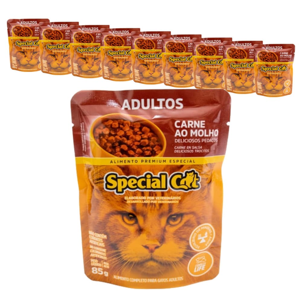 Ração Úmida Premium Special Cat Sachê para Gatos Adultos Carne 85g - KIT 10 unids.