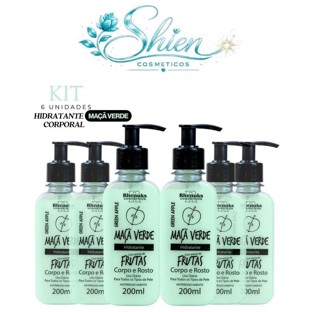 Kit 6 Hidratante Corporal Corpo e Rosto Maça Verde   200ml Rhenuks (Afilhado)