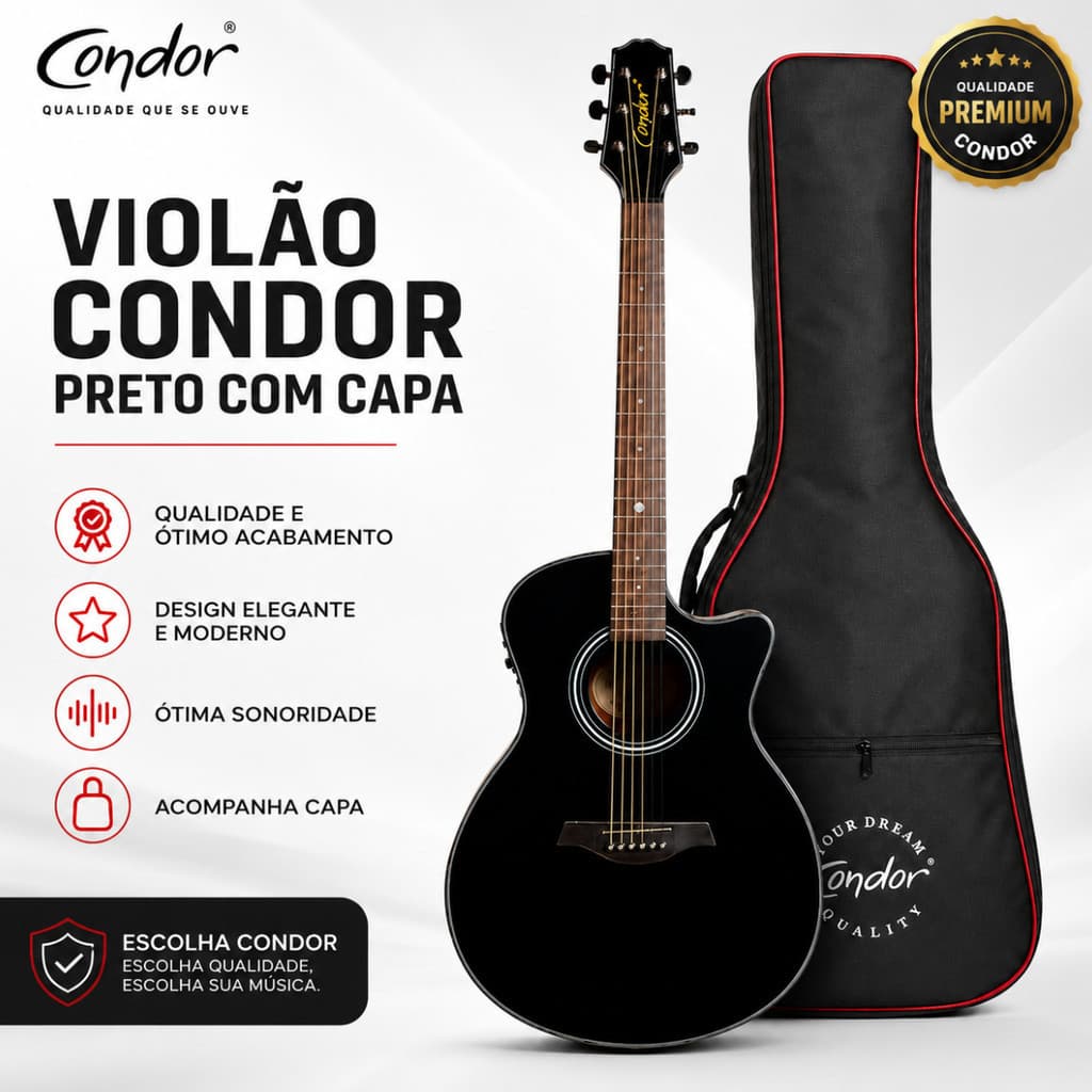 Violão Aço Condor CGA60-BK Preto Grand Auditorium Com Capa Premium