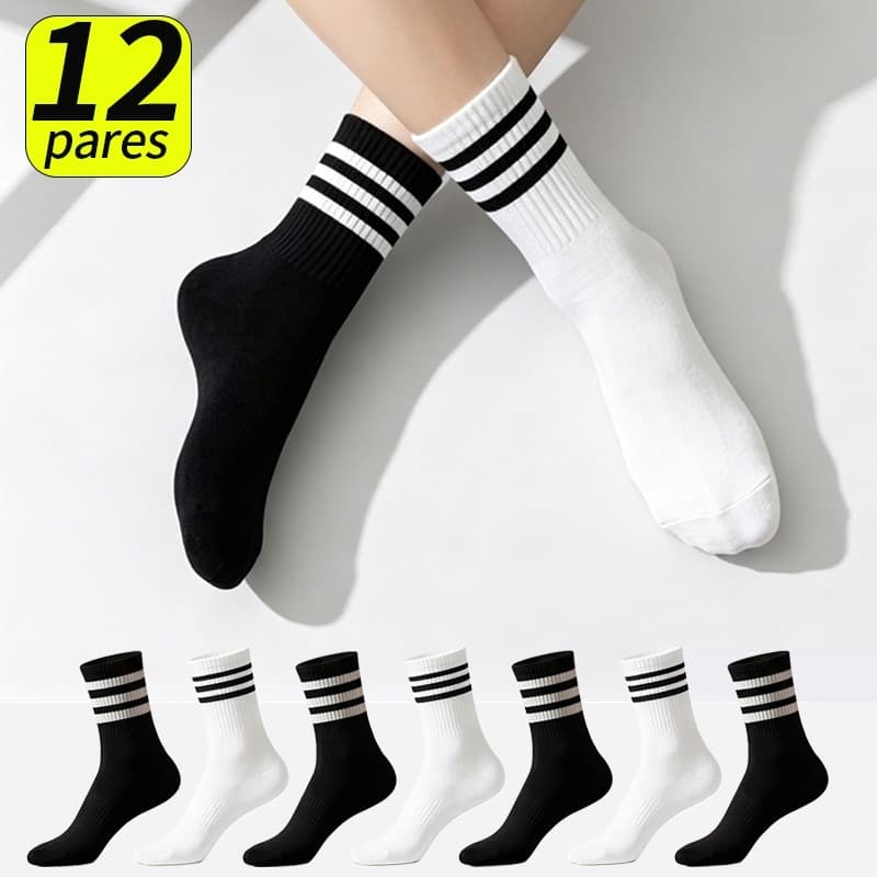 Kit 12 Pares Meias Femininas Retro Cano Médio combinando 3 Listras Anti-Odor Absorvente Esportivo Confortável