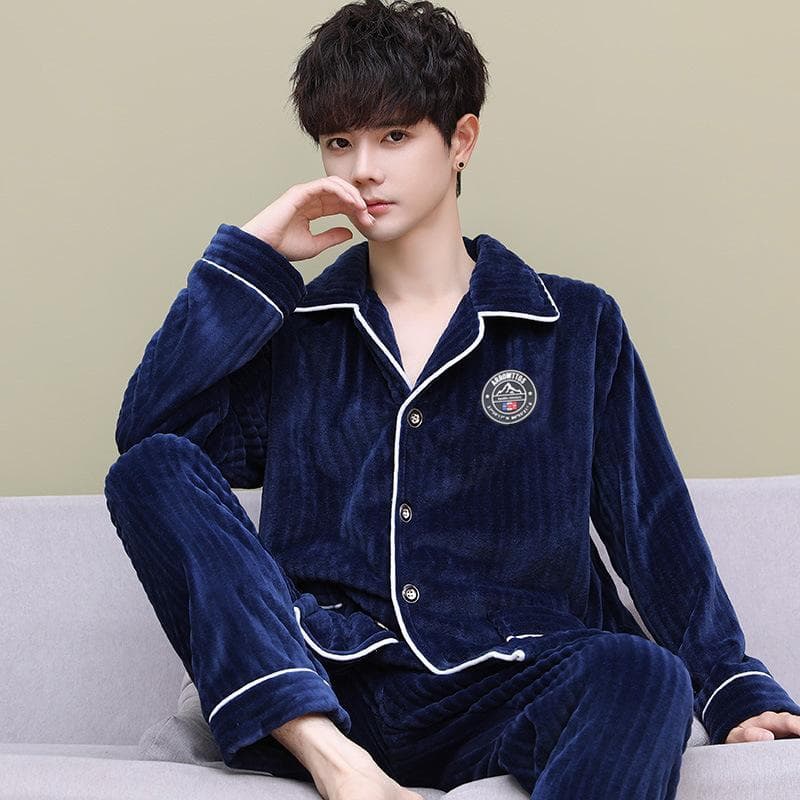 Outono inverno casal Coral velo pijamas masculinos de manga comprida engrossado terno flanela quente primavera outono Lo