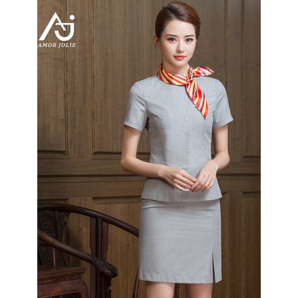 Uniforme de aeromoça de navegação feminino vestido profissional de manga curta listrado lenço de seda gola recepção maca