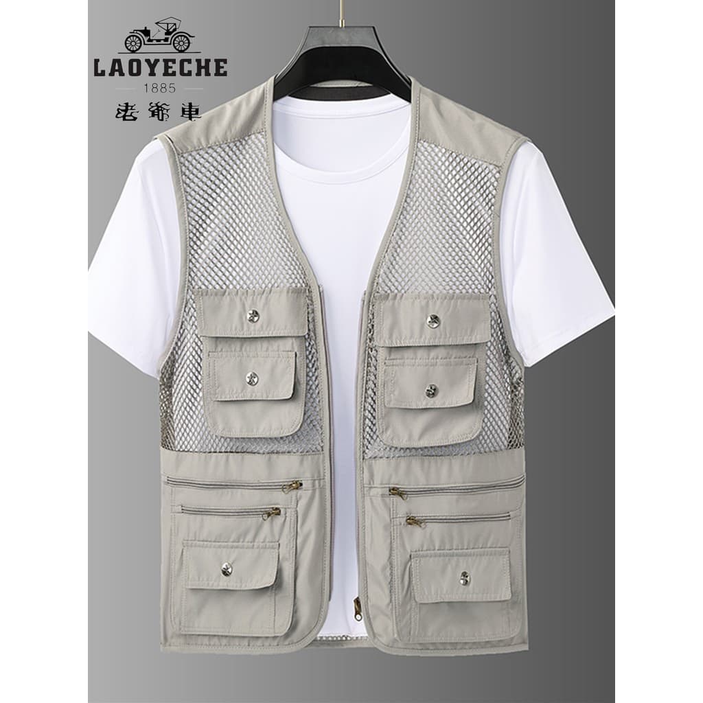 Clássico carro masculino fotografia ao ar livre colete masculino verão malha fina respirável Multi-bolso colete de pesca