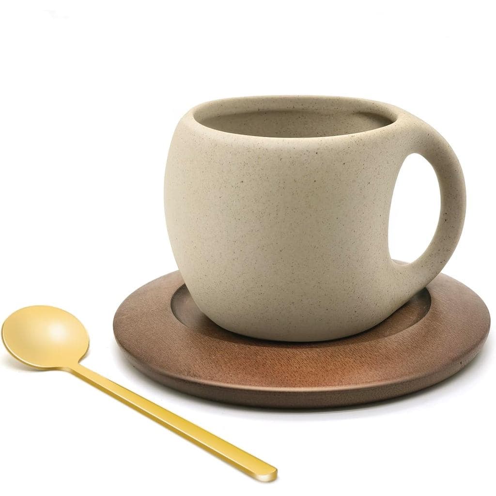 Conjunto de Canecas de Café de Cerâmica com Prato e Colher de Madeira Natural - 8,5 Oz - Elegantes Canecas para Latte, C