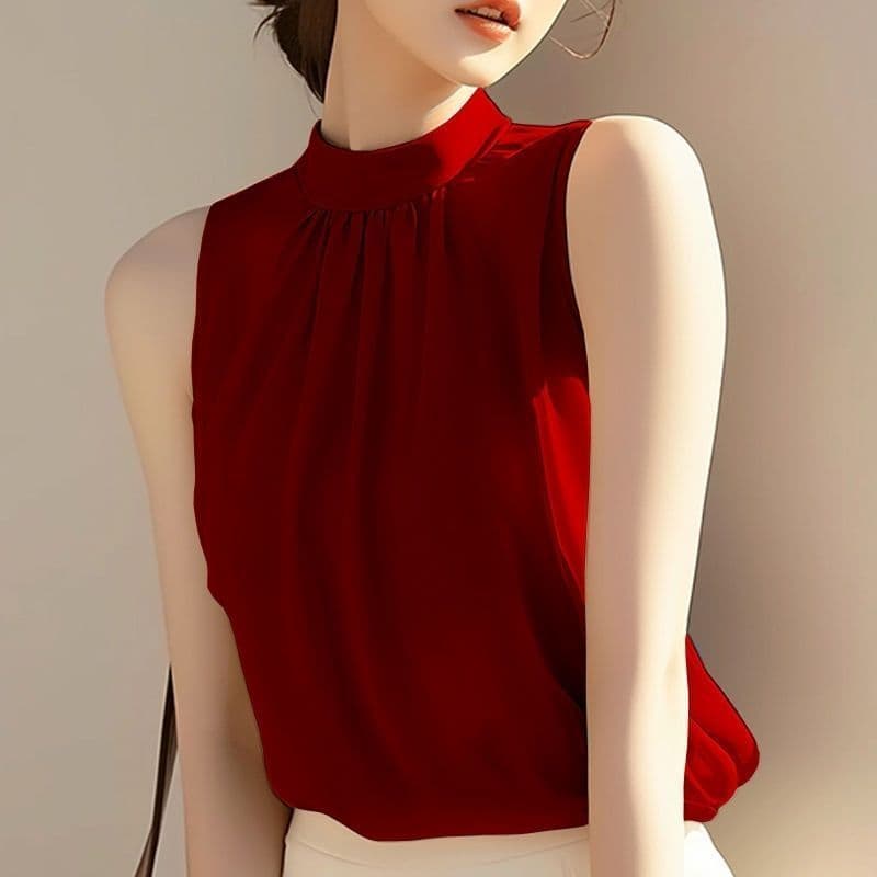 Francês High-End Super bonito único bonito vermelho Halterneck camisa feminina verão novo estilo Design nicho topo