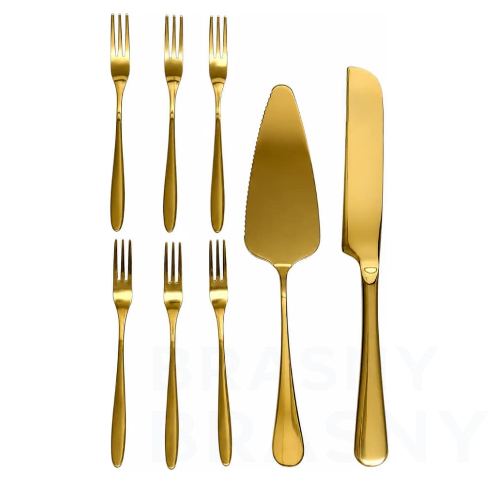 Jogo Para Bolo e Sobremesa Dourado 8 Peças Elegante
